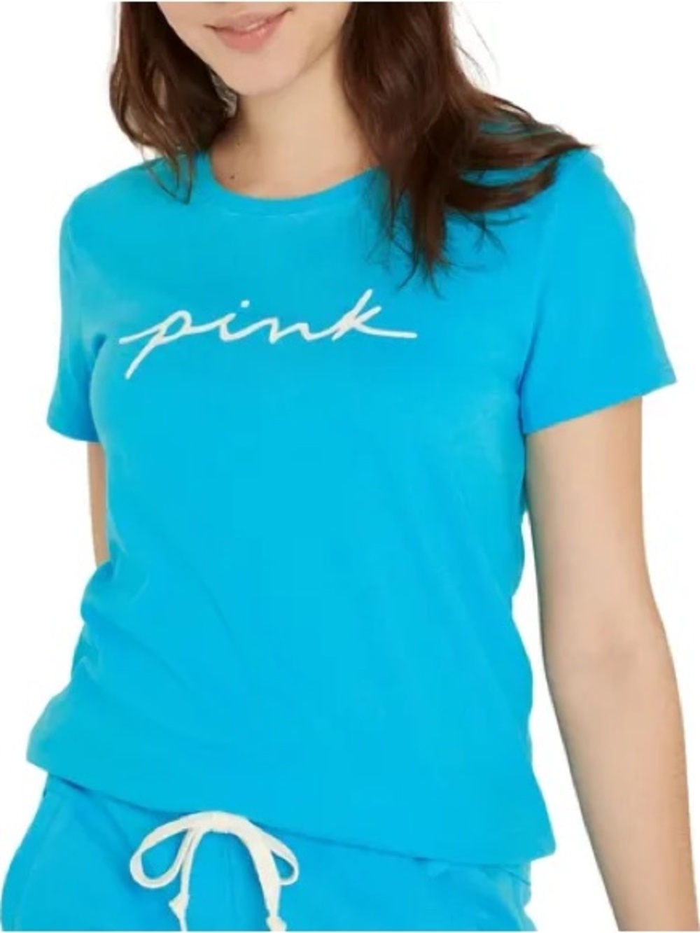 PINK Victoria's Secret Bright Turquoise Script Logo Short Sleeve Tee